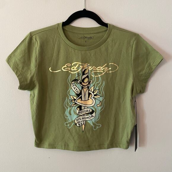 NWT Ed Hardy Women's size Large Green Cropped Baby Tee Death Before Dishonor - Picture 1 of 10
